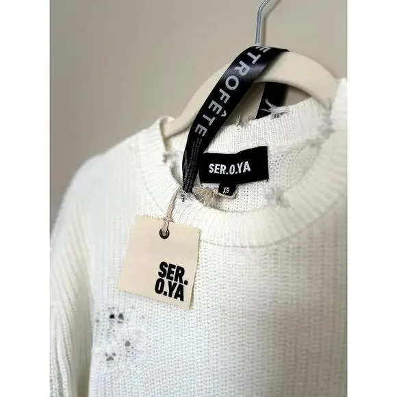 NWT SEROYA Retrofete White Distressed Knit Devin Sweater Oversized Size XS - Picture 10 of 10